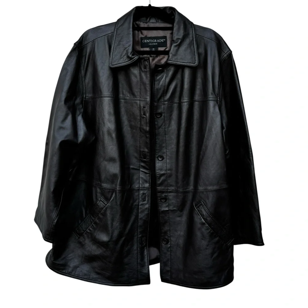 Leather Brown Button-Front Coat size 2X - Picture 2 of 12